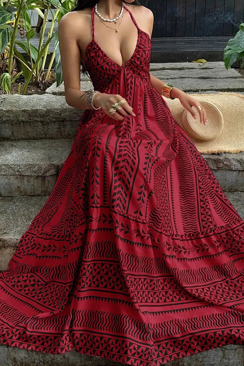 Women's Casual Halter Pattern Print Maxi Dress