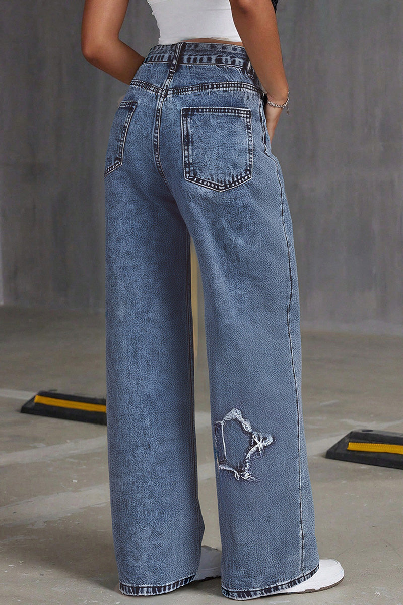 Casual Star Fringe Straight Leg Washed Jeans