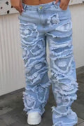 Women Multi Layer Frayed Ripped Light Wash Wide Leg Denim Jeans