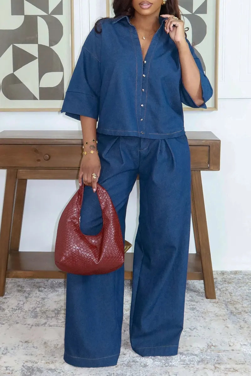 Women's Casual Loose Fit Button Front Denim Crop Top Or Wide Leg Jeans