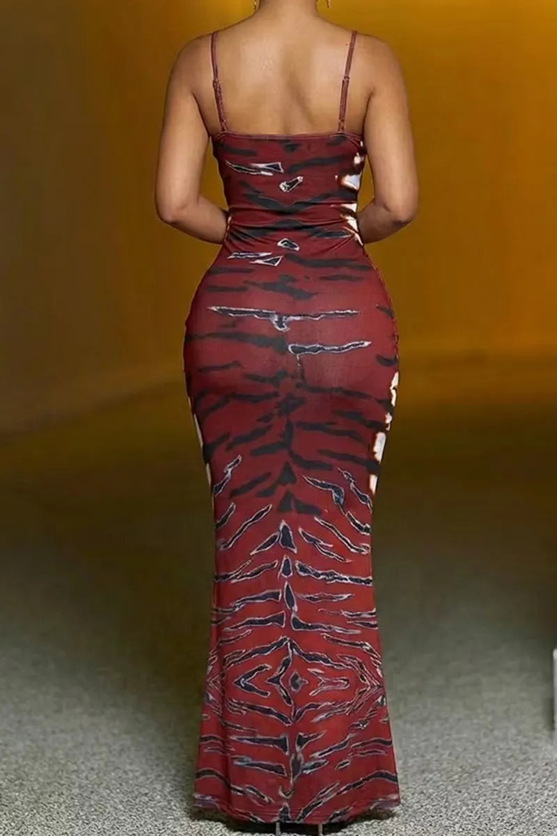 Women's Printed Spaghetti Strap Bodycon Maxi Dress