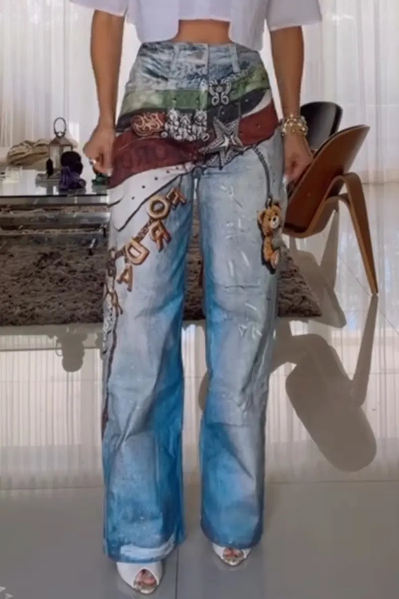 Women Printed Washed Water Casual Wide Leg Jeans