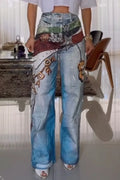 Women Printed Washed Water Casual Wide Leg Jeans