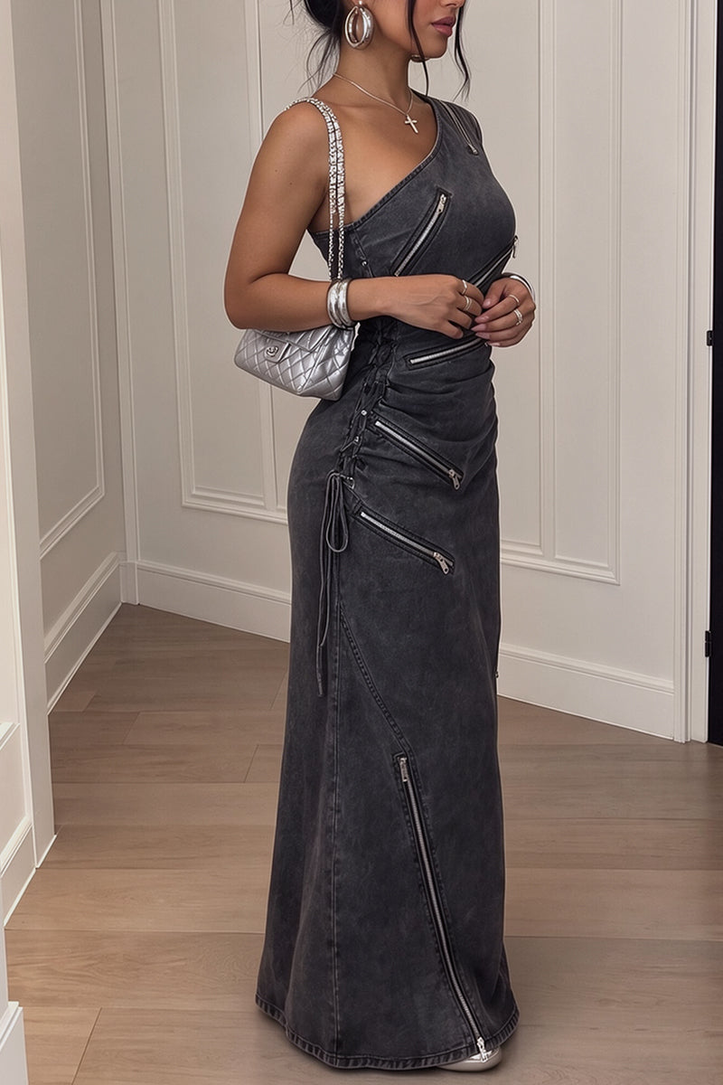 Women's Edgy Asymmetrical Multi Zipper Washed Black  Maxi Dress