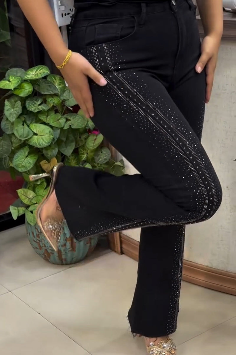 Women's Casual Shiny Rhinestone Straight Jeans