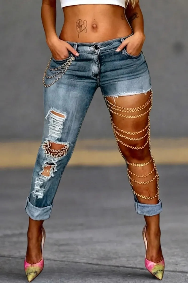 Women's Casual Skinny Jeans With Chain Design