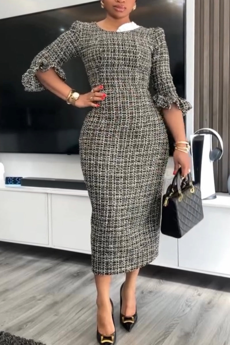Women's Round Neck Slim Fit Elegant Temperament Tweed Dress