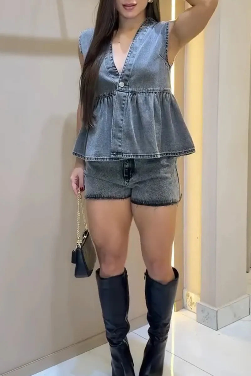 Women's V-neck Sleeveless Patchwork Denim Top + Washed Denim Shorts