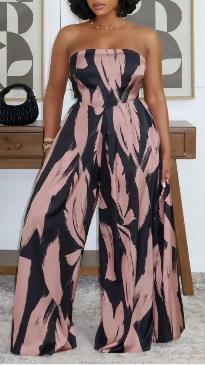 Women Strapless Printed Waist Cinching Style Casual Wide Leg Jumpsuit