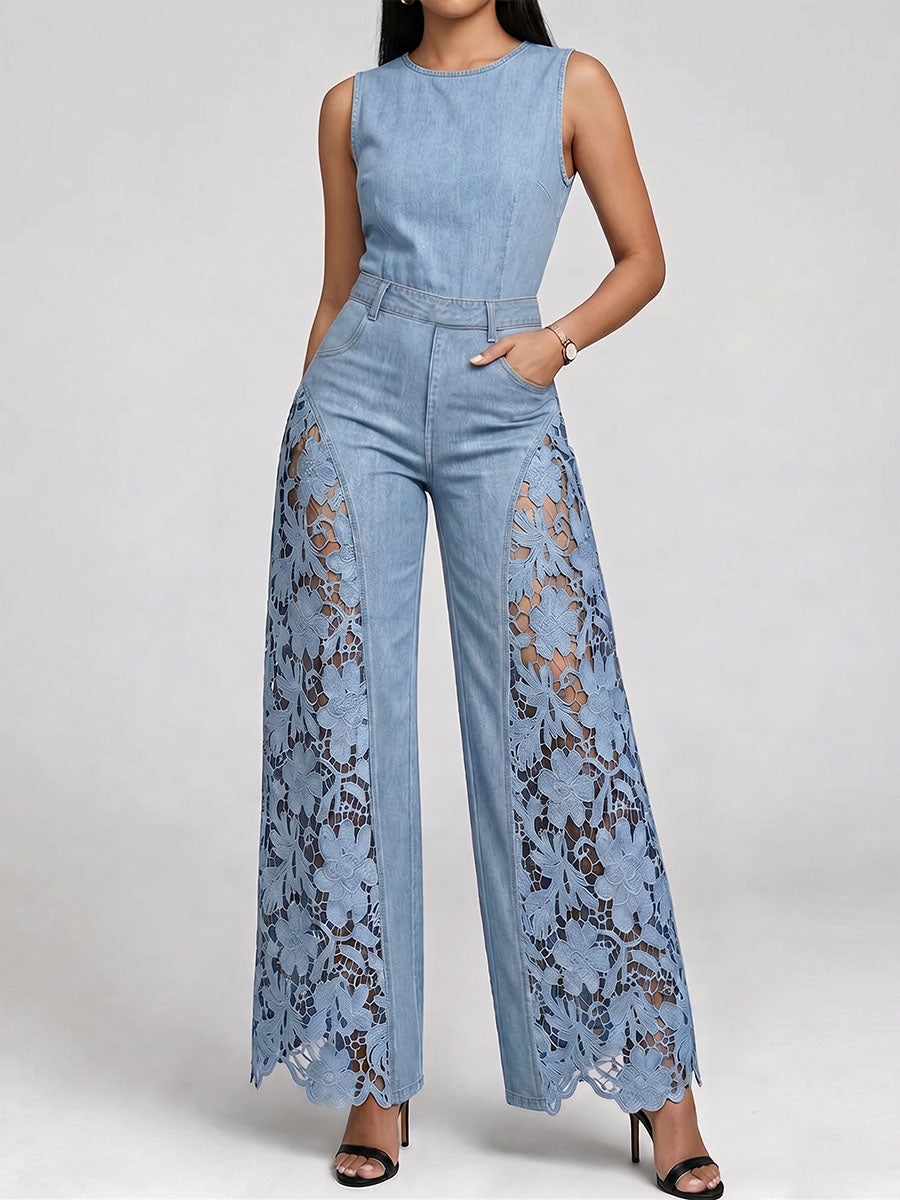 Women's Round-neck Sleeveless Cutout Lace Casual Loose-fit Denim Wide-leg Jumpsuit