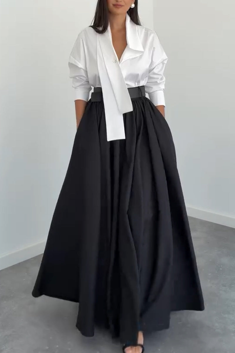 Women's Collar Patchwork Shirt or Solid Color Skirt