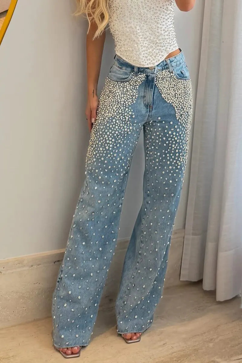 Women's  High Waist Gradient Rhinestone Scattered Wide Leg Denim Jeans
