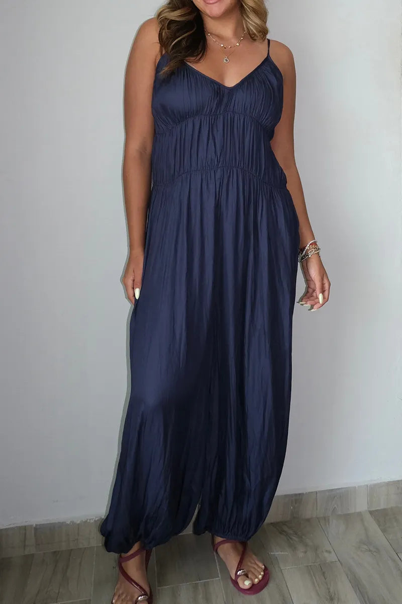 Women's Casual Loose Fit Denim Jumpsuit With Spaghetti Straps And Cuffed Hems