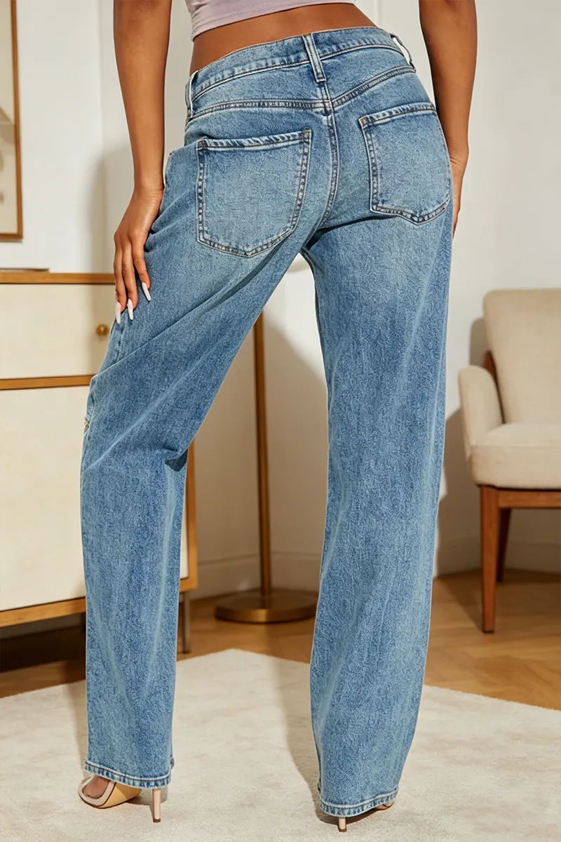 Women Low Waist Washed Water Spliced Star Pattern Casual Jeans