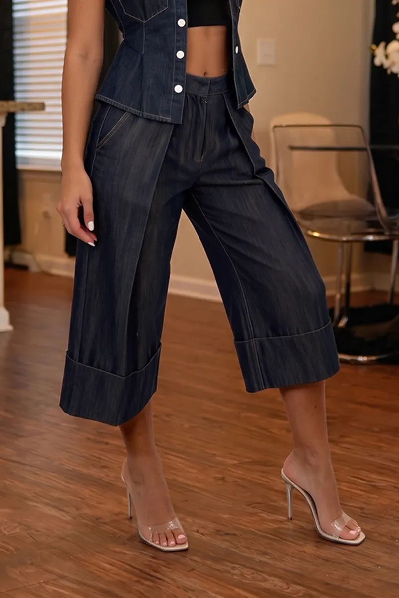 Women's Elegant Waist Cinching Denim Vest or Short Jeans