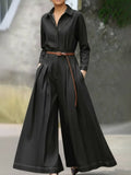 Elegant Shirt-collar Pleated Wide-leg Denim Jumpsuit
