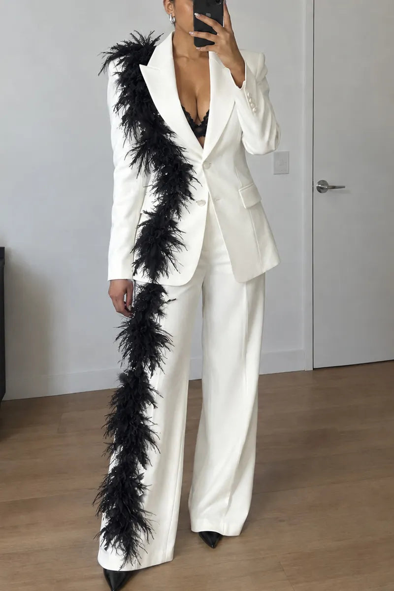 Women's Slim Fit Notched Lapel Woven Feather Trim White Blazer or Pants