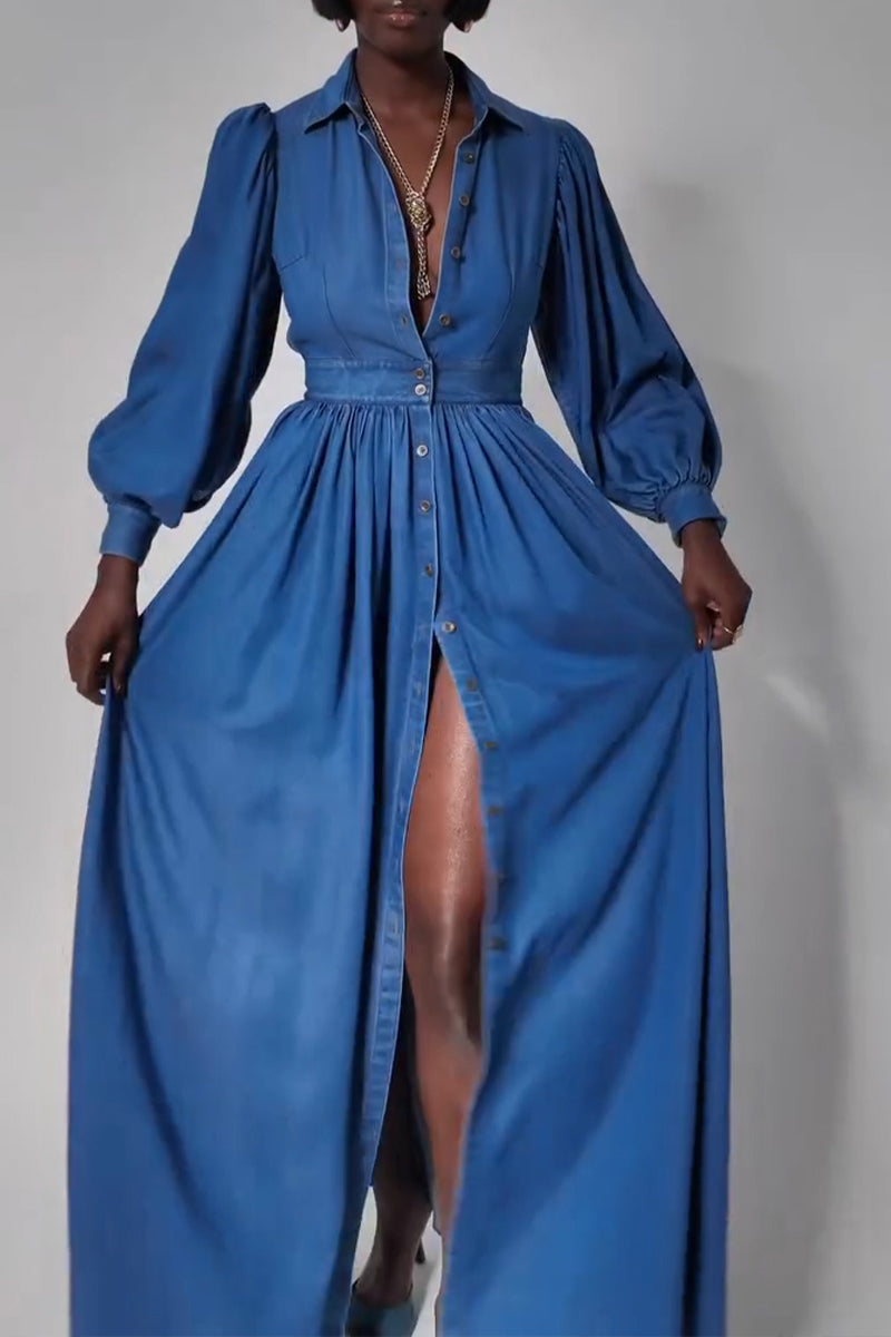 Women's Fashion Puff Sleeve Backless Single-Breasted Button Denim Maxi Dress