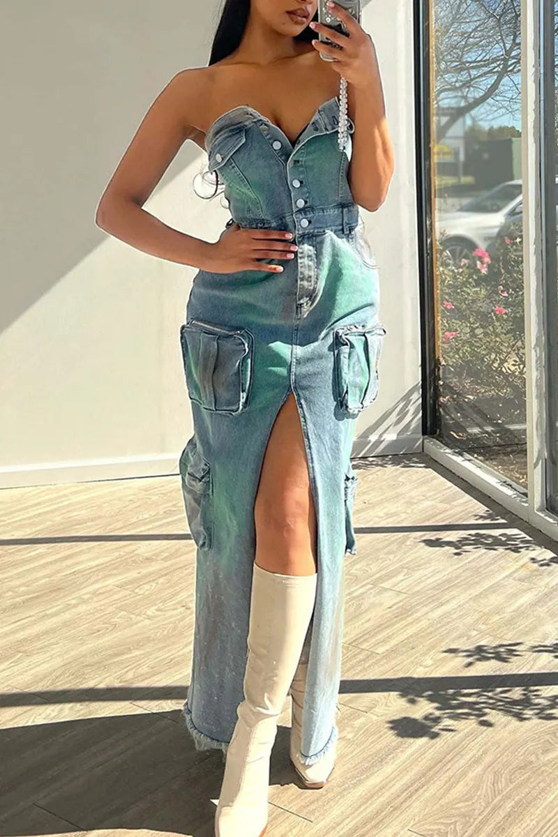 Women's Y2k Button Front Strapless Denim Dress