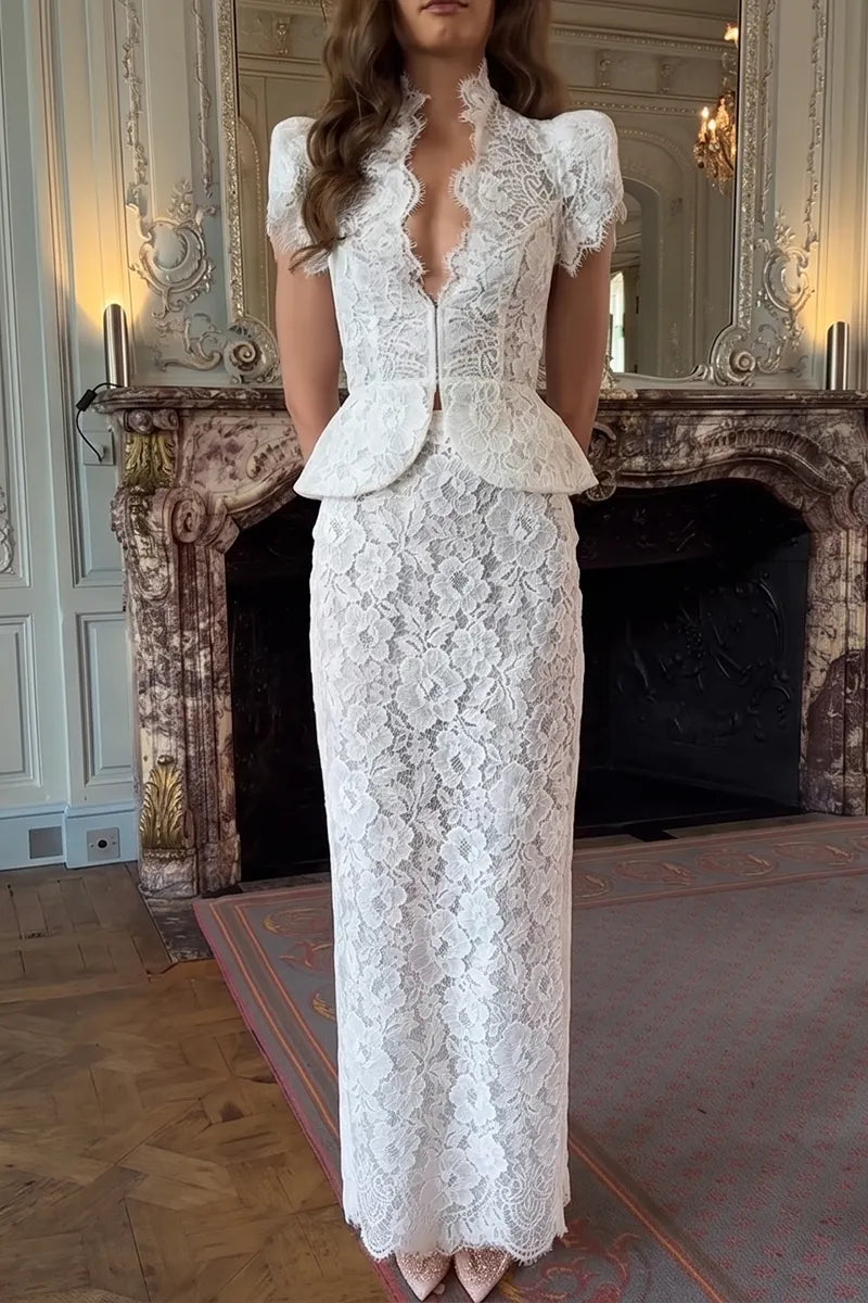 Women's Elegant Lace V-Neck Slim Top or Long Skirt