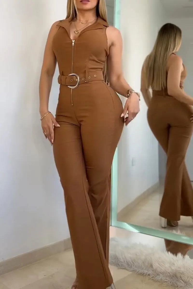 Women's Casual Lapel Zipper Jumpsuit with Belt