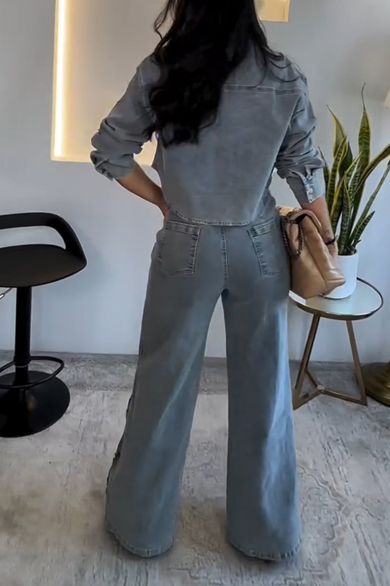 Women's Casual Embroidery Cut-Out Denim Shirt or Wide Leg Jeans