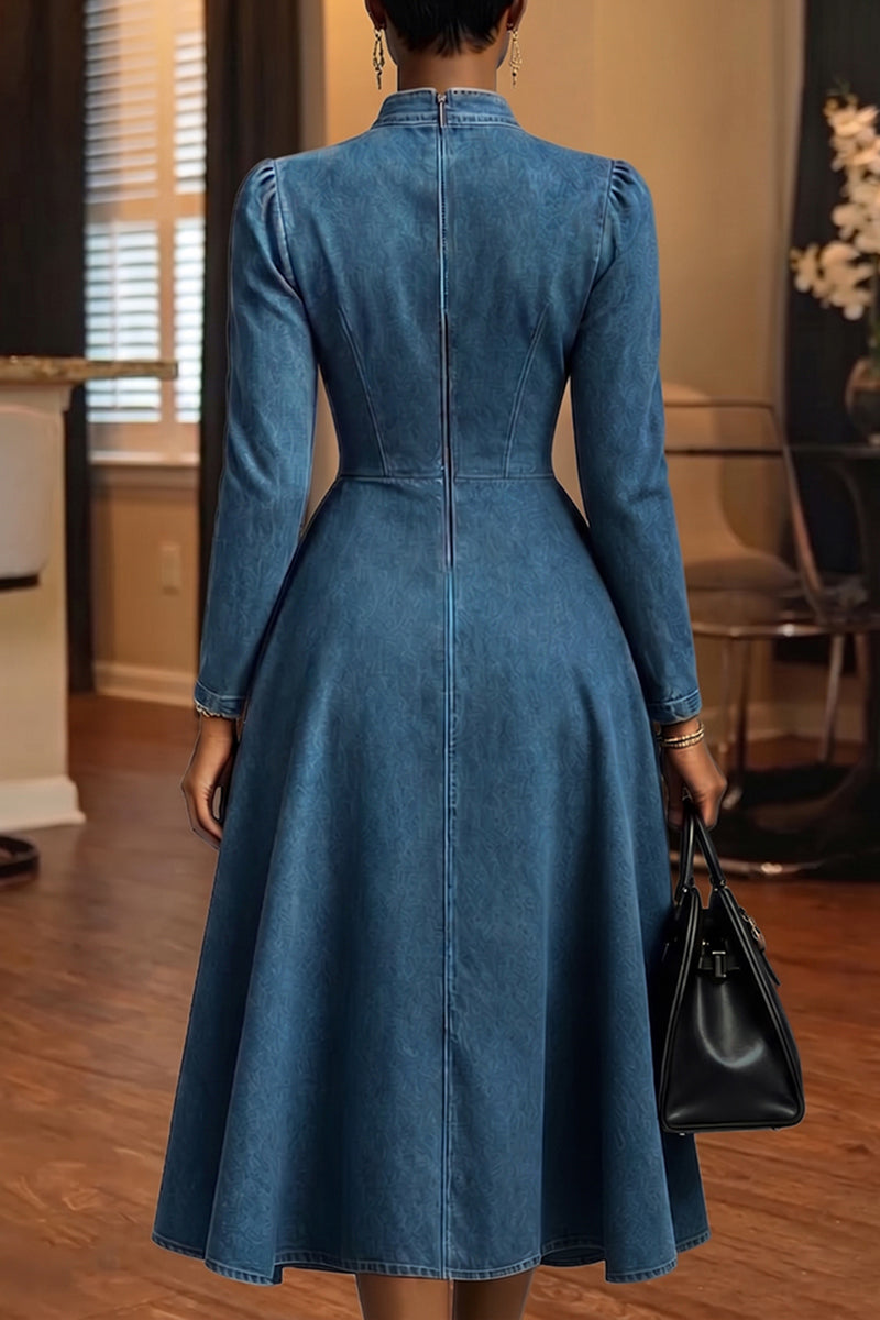 Women's Elegant Pleated A-Line Hem Denim Midi Dress