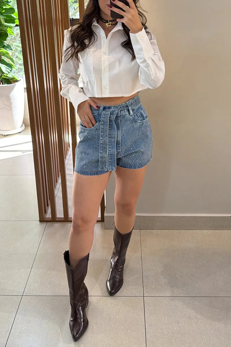 Women's Bestseller Fashion Rhinestone Cropped Jeans with Belt
