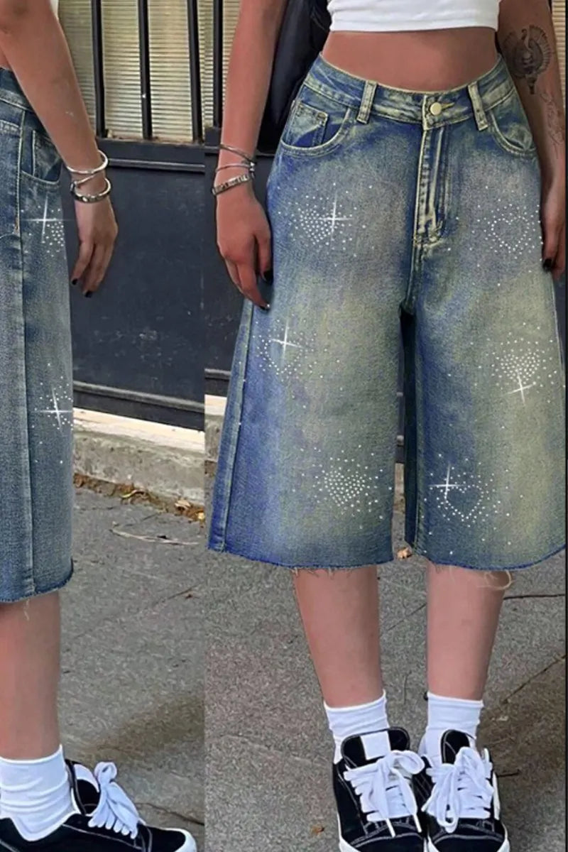 Ladies' Hot Selling Casual Washed Rhinestone Street Denim Shorts