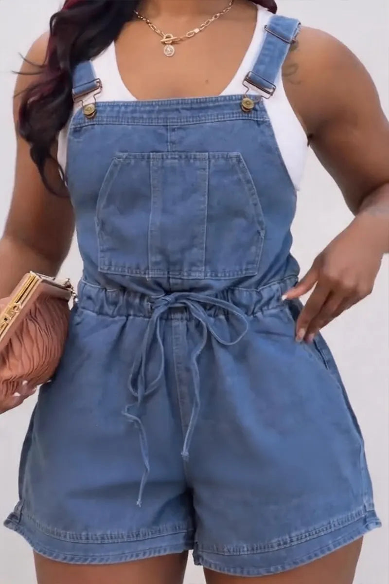 Women's Casual Open Back Waist Drawstring Denim Overalls
