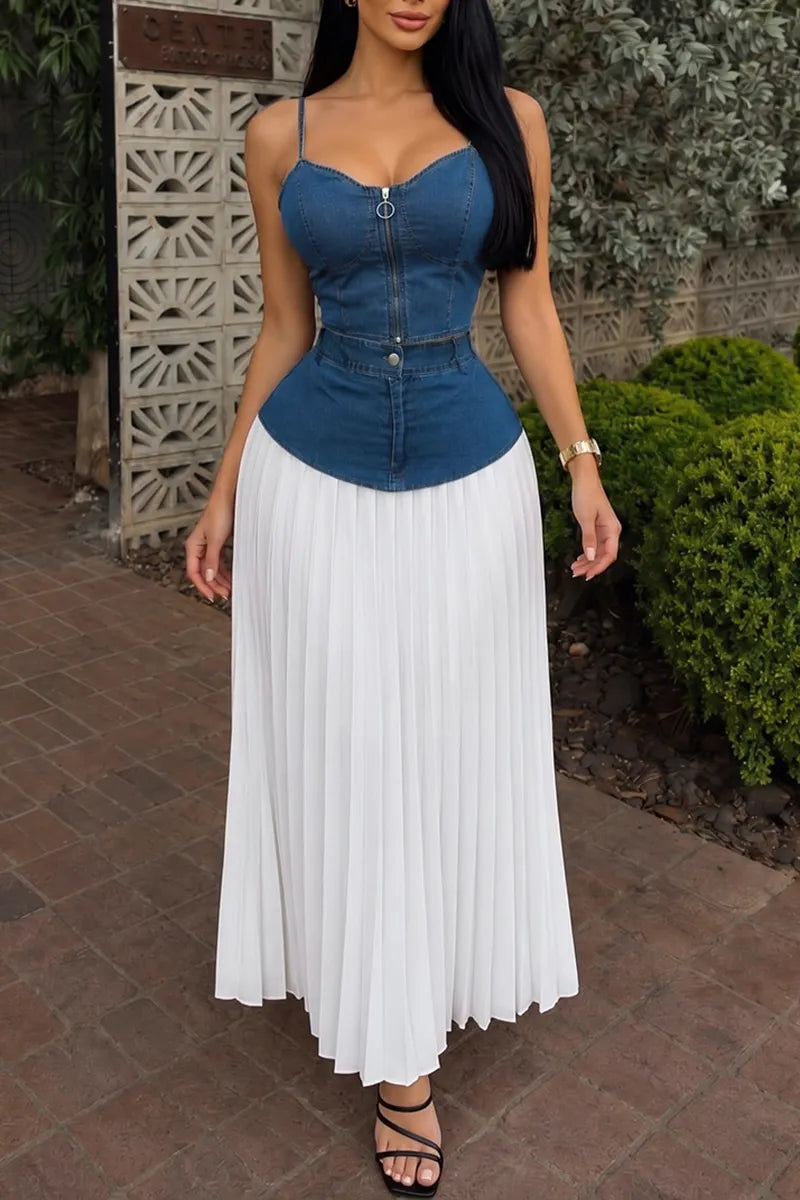 Women's Elegant Denim Vest or Pleated-Panel Skirt