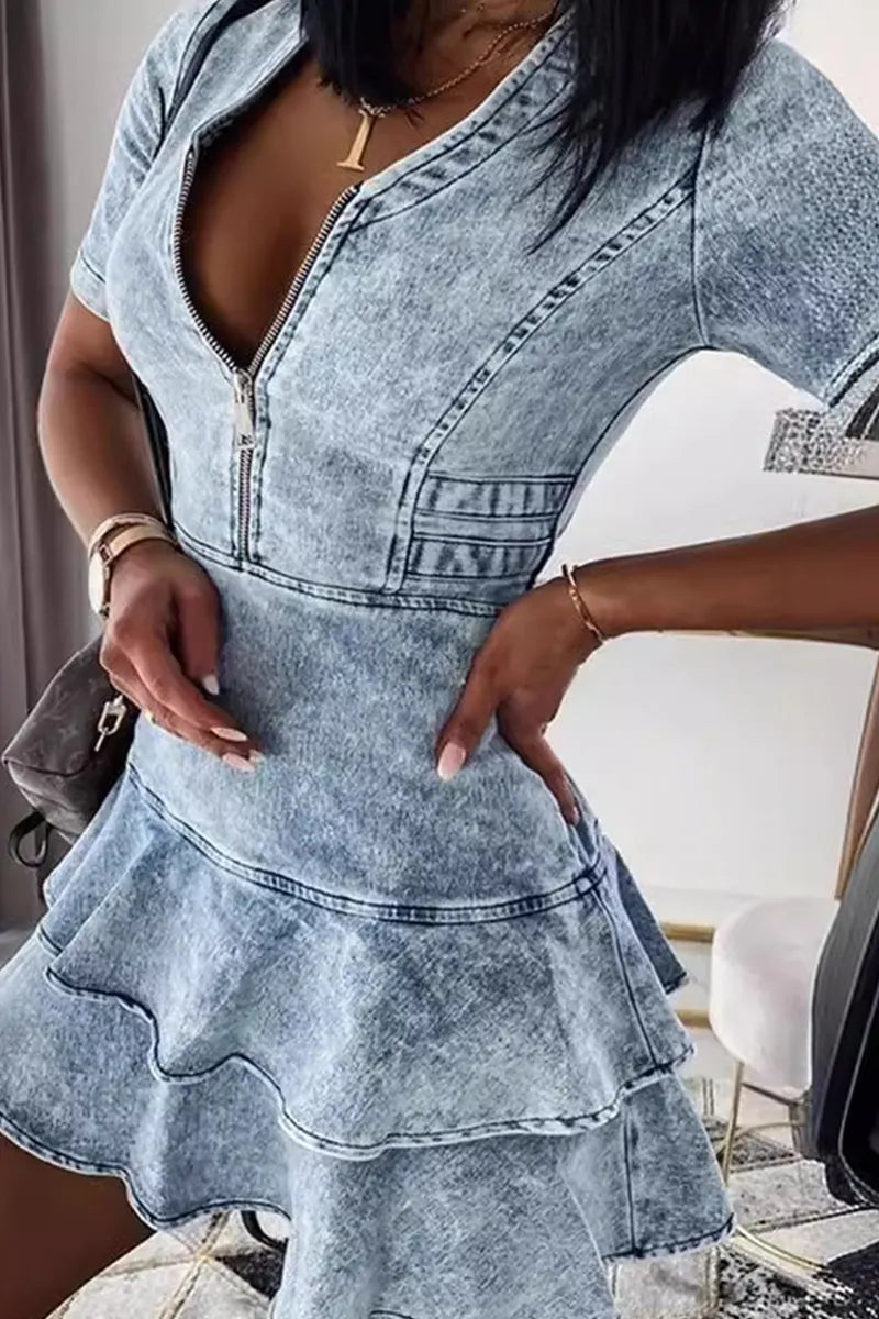 Ladies Casual V-Neck Short Sleeve Denim Mini Dress