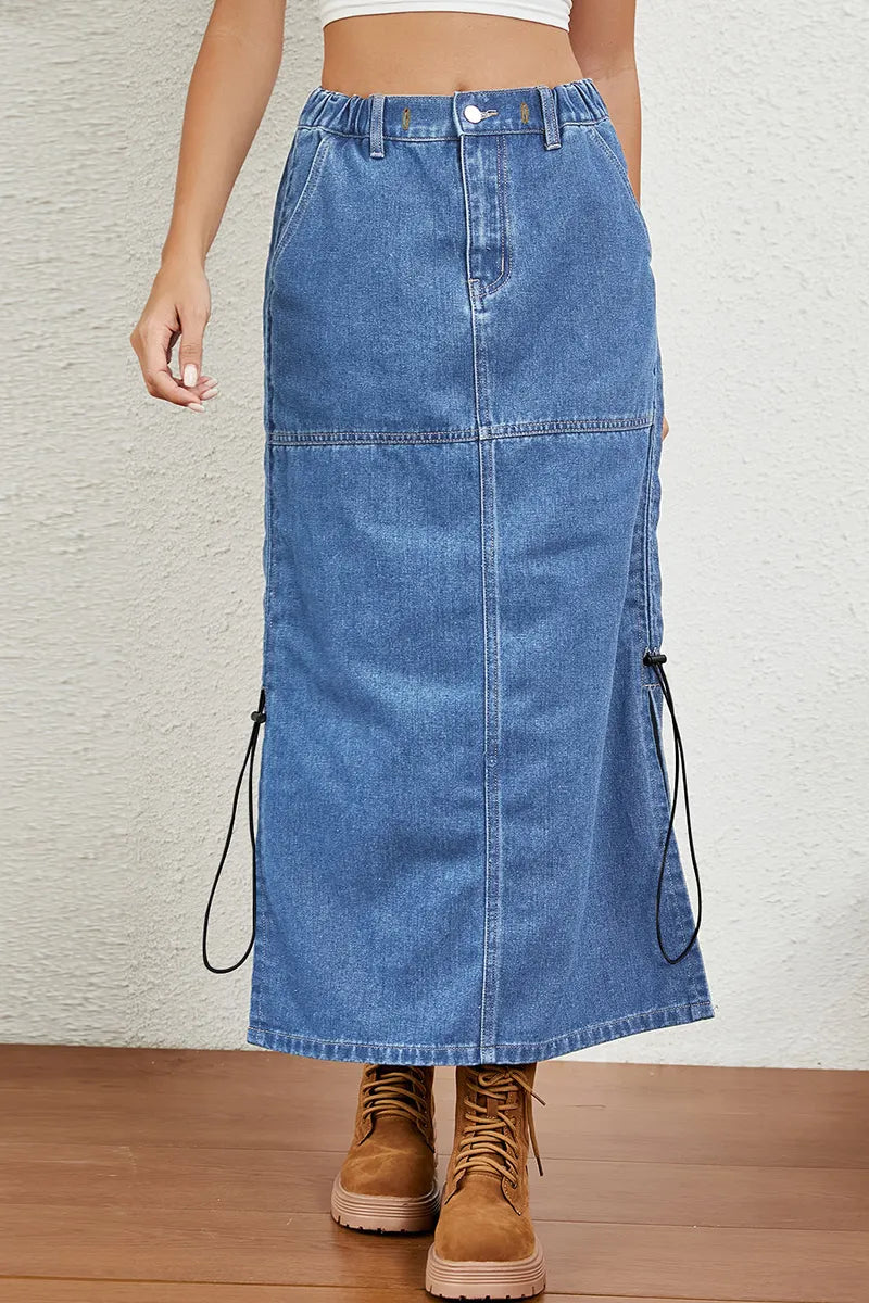 Casual Side Drawstring Elastic Waist Washed Denim Skirt