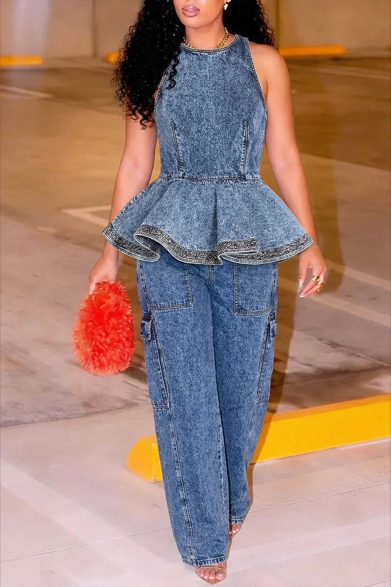 Ladies' Casual Denim Ruffled Top And Workwear Jeans