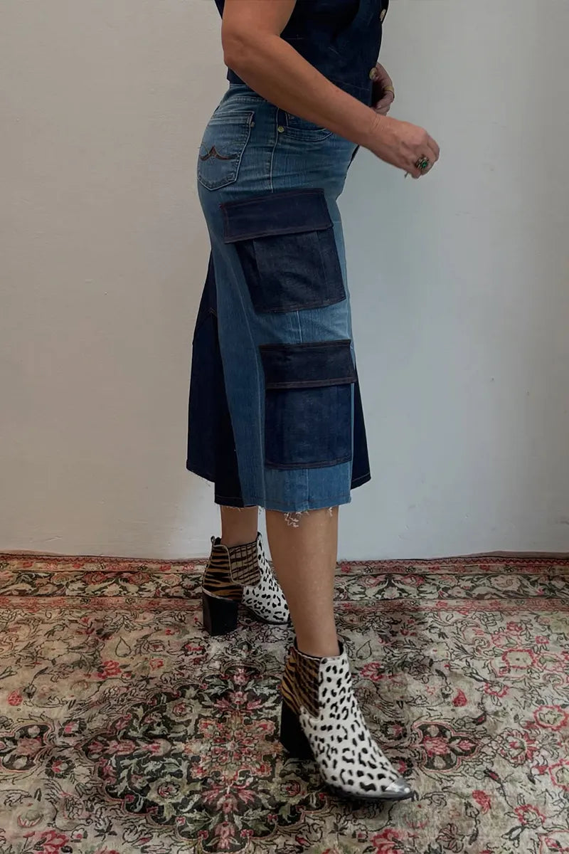 Women's Casual Color Block Cargo Pocket Denim Skirt
