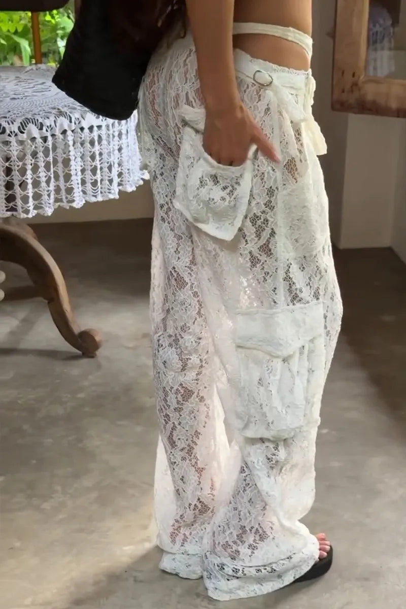 Women's Summer Casual Lace Sheer Cargo Pants