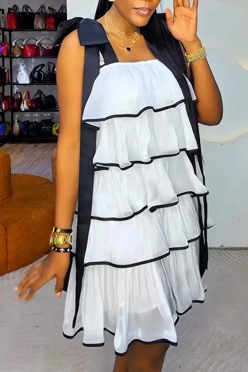 Women Multi-level Patchwork Elegant Casual Dress with Suspenders