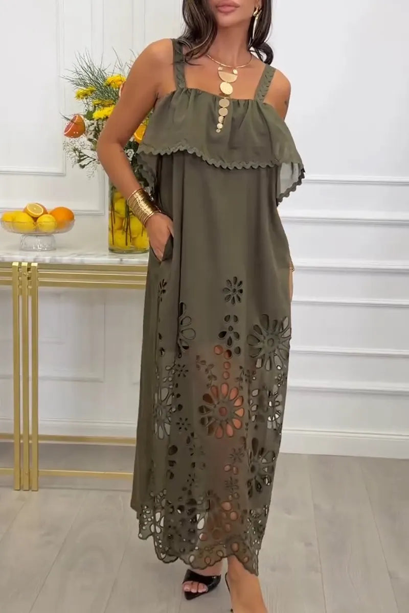 Women's Spaghetti Strap Patchwork Pattern Hollowed Out Casual Dress