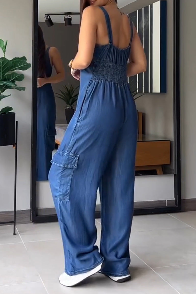 Women's V-neck Patchwork Pocket Casual Denim Jumpsuit