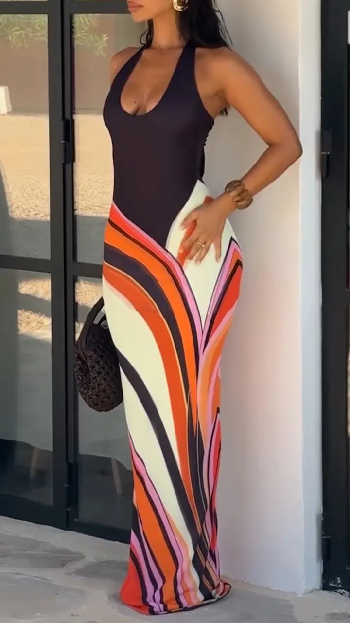Women Neck Hanging Sleeveless Slim Fit Patchwork Printed Casual Vacation Style Dress