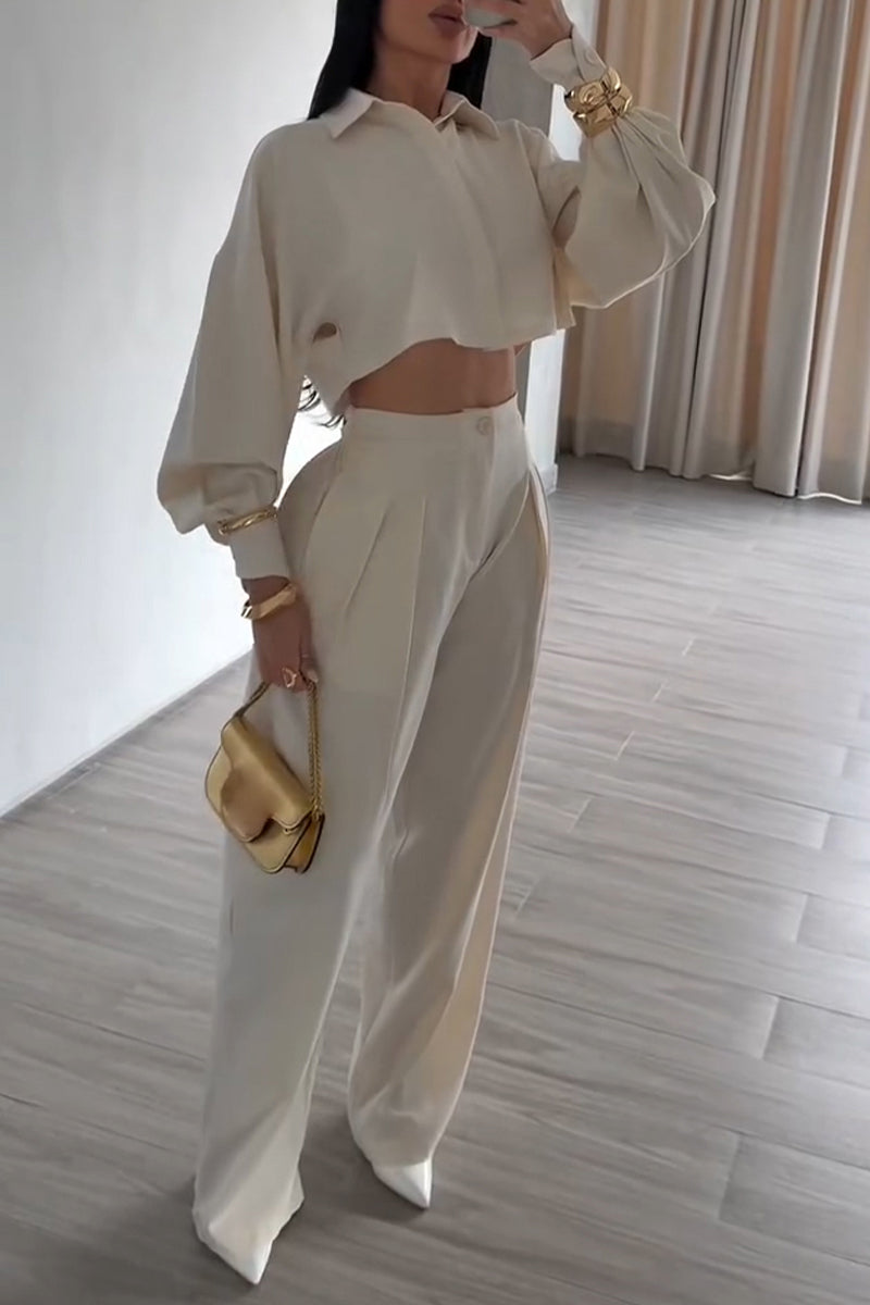 Women's Casual Puff Sleeve Short Shirt Pants Two-Piece Set