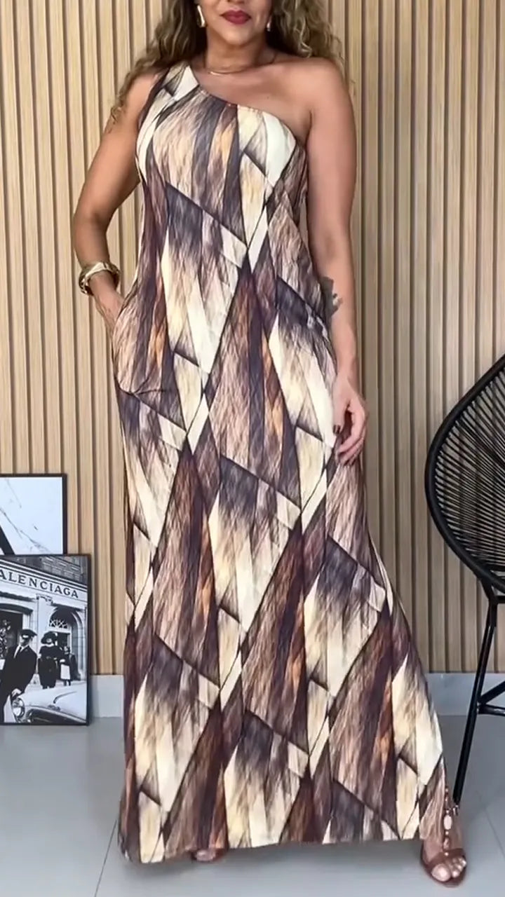 Women One Shoulder Sleeveless Printed Casual Dress with Temperament