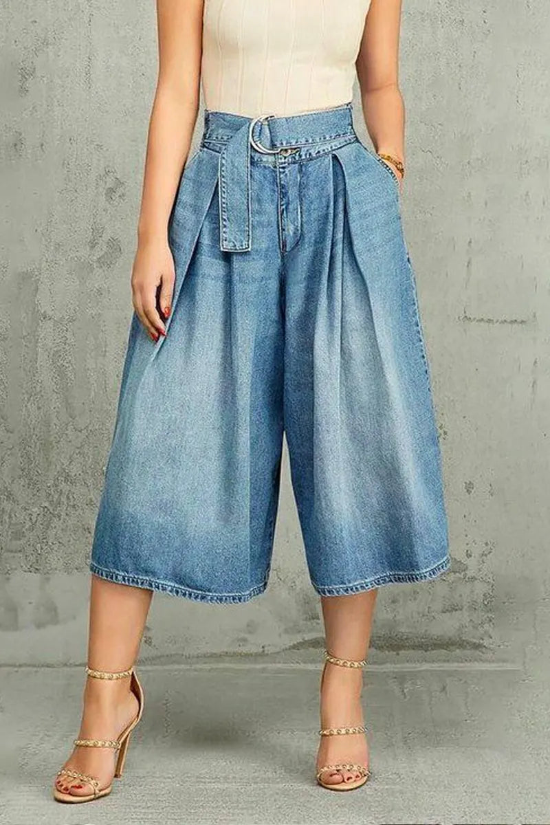 Women High Waist O Ring Belted Pleated Wide Leg Denim Culottes Side Pockets Midi Length Capri Jeans