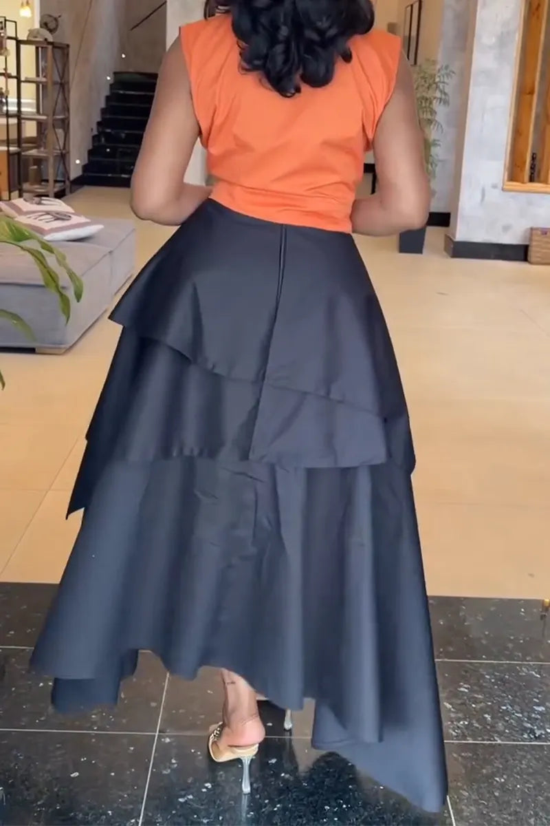 Women's Lapel Sleeveless Breasted Top or Irregular Patchwork Solid Color Skirt