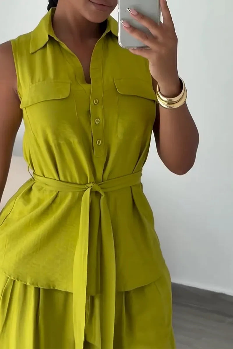 Women Collar Sleeveless Top + Wide Leg Pants Casual Set with Temperament