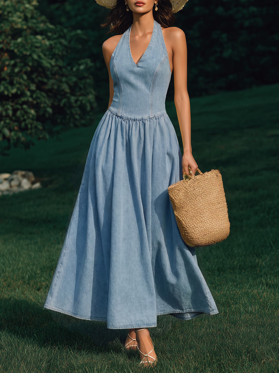 Elegant Vacation Sleeveless A-Line Denim Maxi Dress