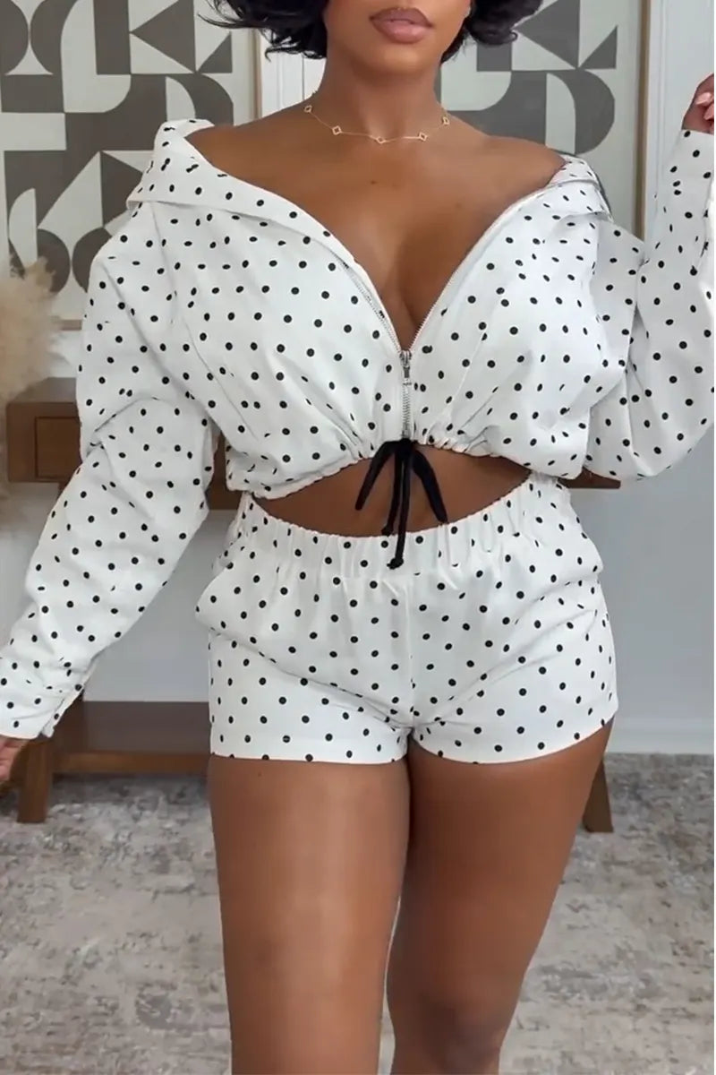 Women's Standing Collar Polka Dot Jacket+ Polka Dot Shorts Casual Suit
