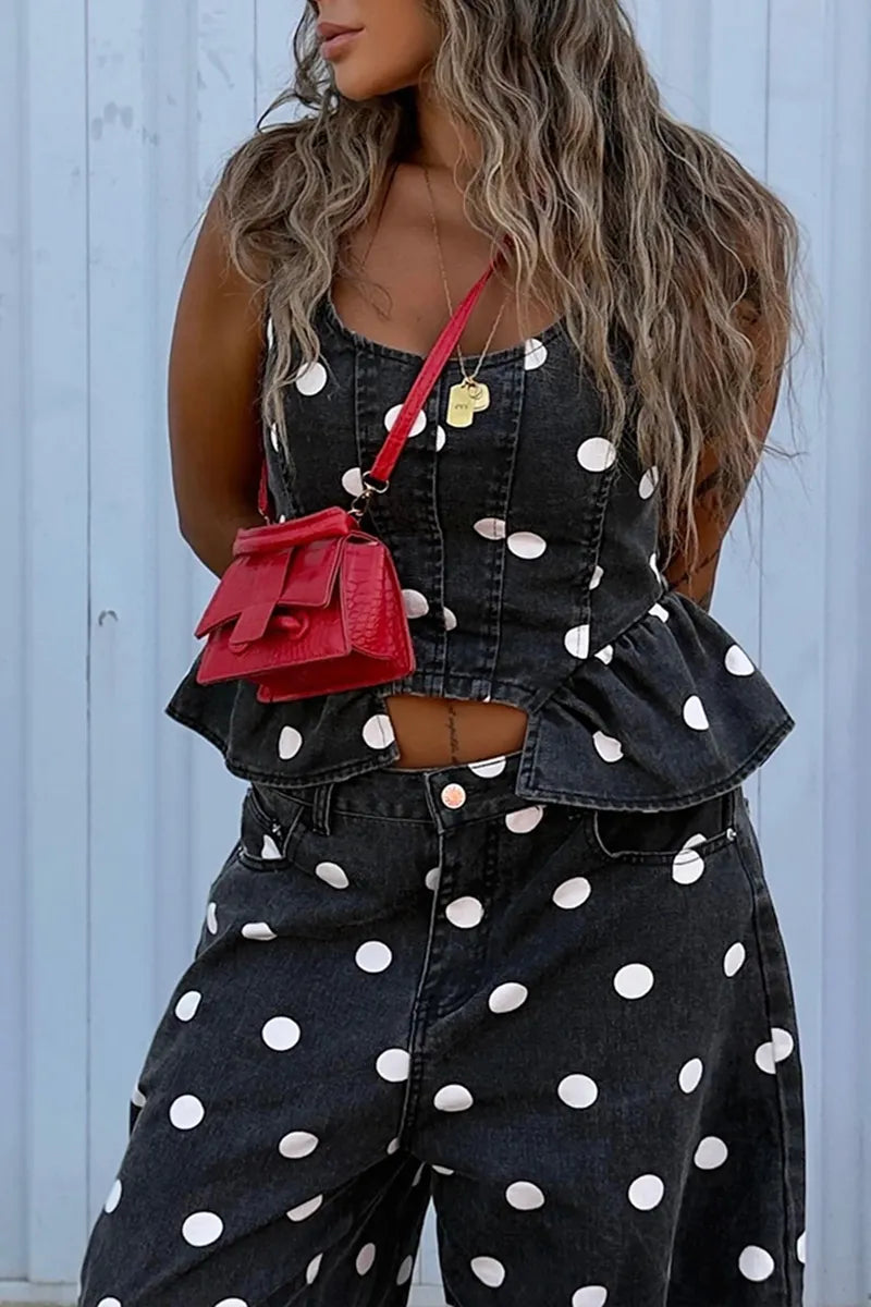 Women's Casual Polka Dot Flounce Hem Denim Vest or Wide Leg Jeans