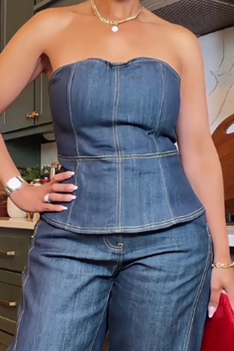 Women's Casual Strapless Denim Top Or Loose Fitting Wide Leg Patchwork Jeans
