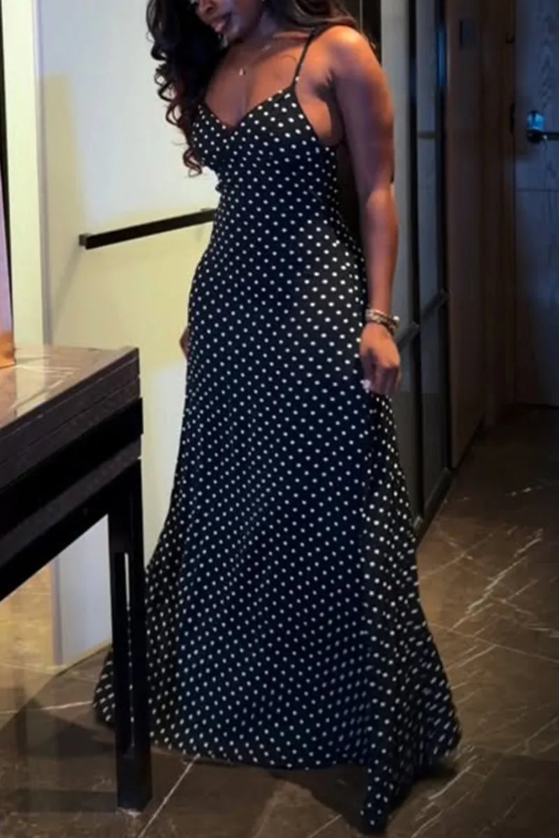 Women's Summer Casual Vintage Polka Dot Cowl Neck Thin Strap High Waist Mermaid Maxi Dress